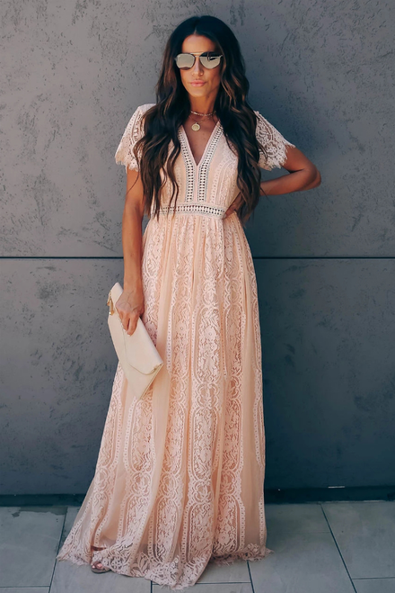 Soft Deep V Neck Short Sleeve Lace Dress