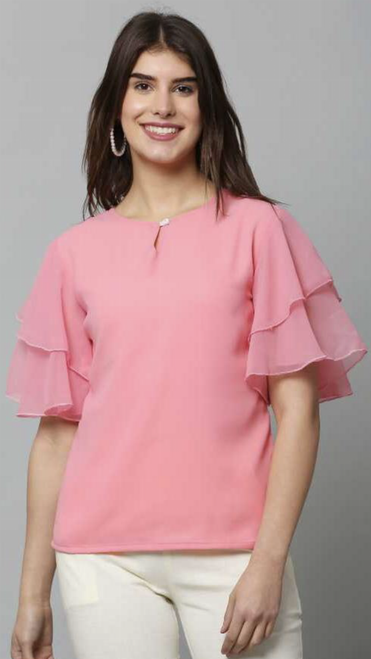 Crew Neck Ruffle Short Sleeve Blouse