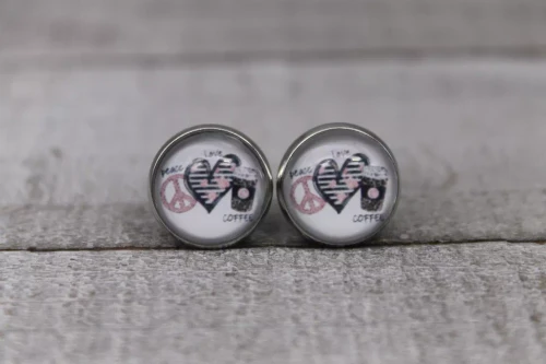 Peace Love Coffee  Glass Stud Earrings