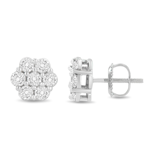 14 Karat White Gold 1.0 Carat Total Weight Prong Set Round-Cut Diamond Floral Stud Earrings 