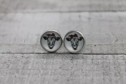 Cow with Red Headband   Glass Stud Earrings