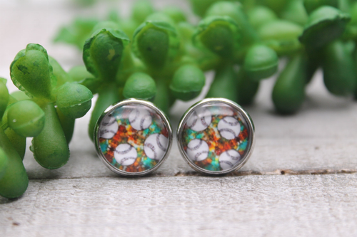 Baseball on Western Print || Glass Stud Earrings || Hypoallergenic