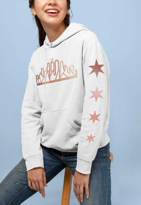 Chicago Skyline Hoodie with Outline & Matching Stars on Sleeve