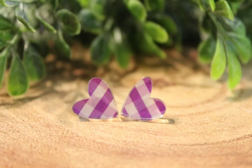 Purple Plaid Heart Stud Earrings