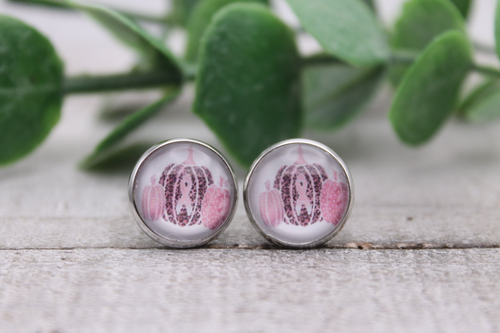 Breast Cancer Pink Ribbon & Pumpkins || Glass Stud Earrings || Hypoallergenic