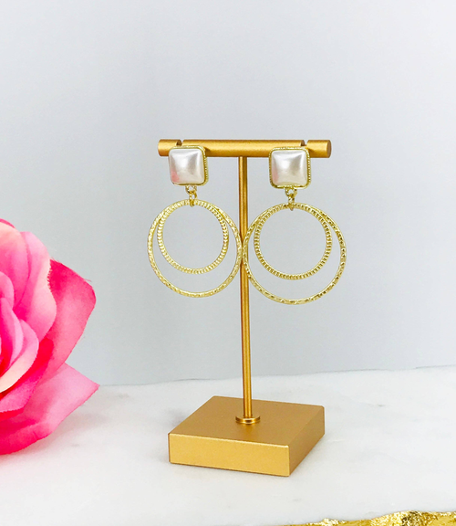Square Pearl & Gold Pendant Stud Earrings 