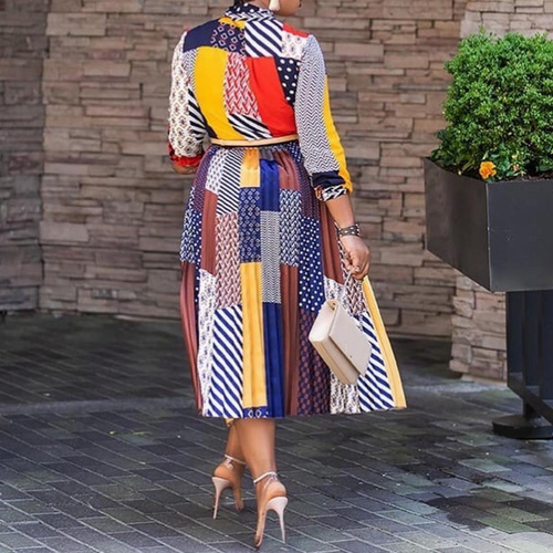 Bow Neck Graphic Pleated Dress