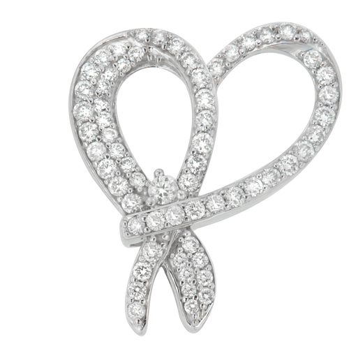 10 Karat White Gold 1 Carat Total Diamond Weight Round Cut Diamond Heart and Bow Pendant Necklace 