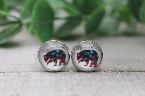 Mama Bear Colorful | Glass Stud Earrings | Hypoallergenic