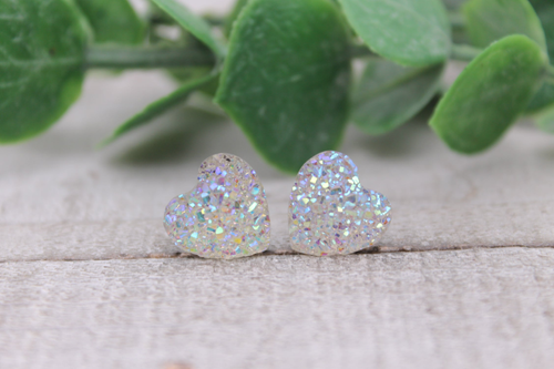 Iridescent Heart Druzy Stud Earrings