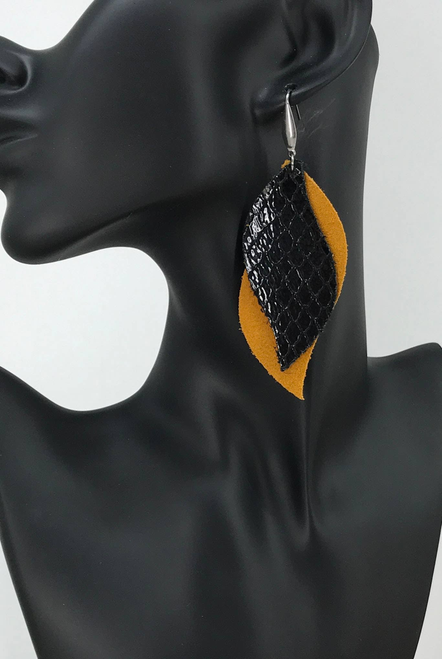 Mustard Suede Leather and Fish Net Leather Earrings 