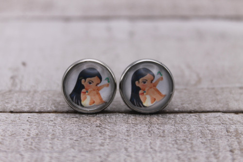 Pocahontas Sitting with Bird  Glass Stud Earrings