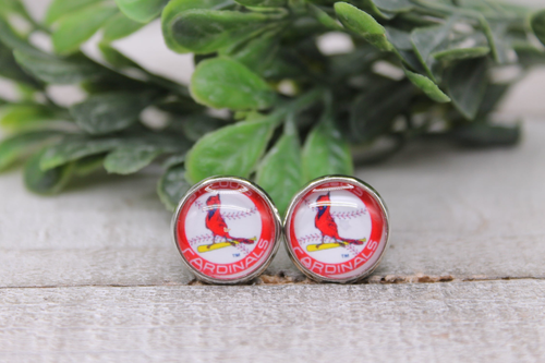 St Louis Cardinals Baseball Circle || 12mm Glass Stud Earrings