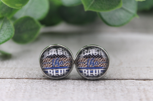 Back The Blue on Leopard  Glass Stud Earrings