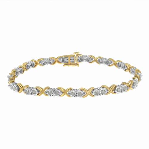 2 Micron 14K Yellow Gold Plated Sterling Silver 1carat. Total Diamond Weight Diamond X Link Bracelet