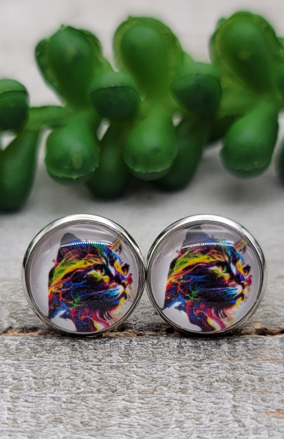 Watercolor Cat || 12mm Glass Stud Earrings