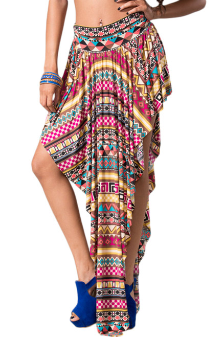 High waist asymmetrical cut maxi skirt with unique print