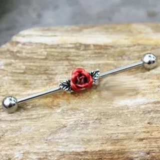 316L Stainless Steel Red Rose Industrial Barbell