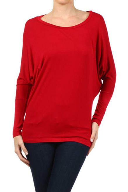 Long Sleeve Lightweight Dolman Basic Tunic Top Red