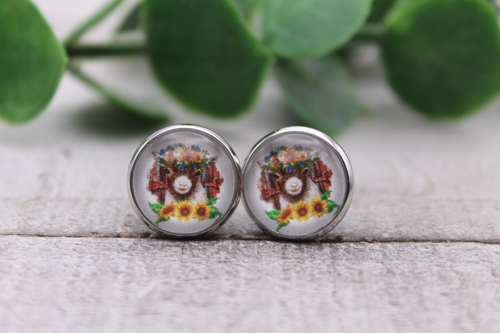 Goat & Sunflowers || Glass Stud Earrings || Hypoallergenic