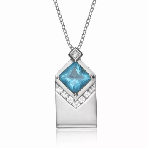 Collette Z Sterling Silver White Cubic Zirconia Rhodium Plating Clear and Blue Cubic Zirconia Pendant