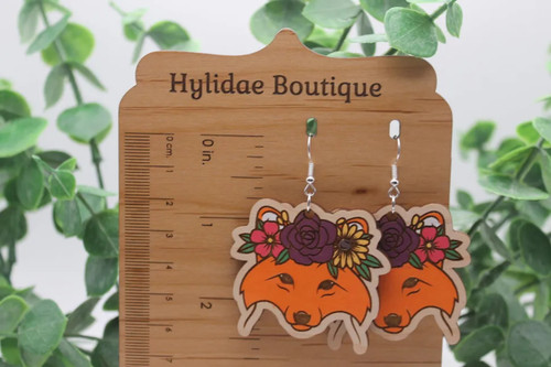 Floral Crown Fox || Wood Dangle Earrings || Hypoallergenic