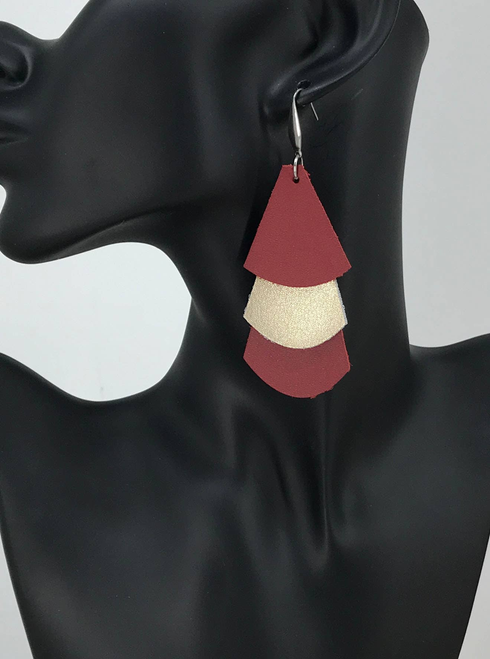 Cranberry and Metallic Gold Leather Earrings 