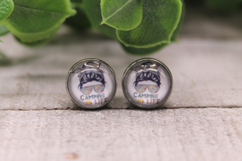 Camping Life Messy Bun  Glass Stud Earrings