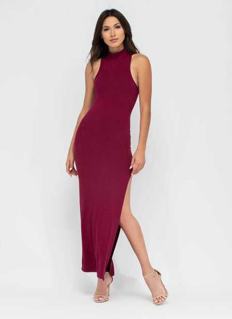 Vivica Essential High Slit Maxi Dress Burgundy