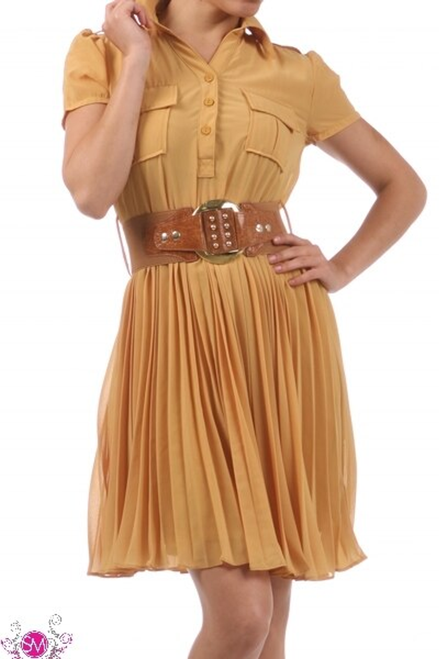Mustard Button Down Dress with Pleated Skirt