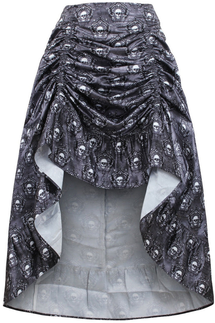 Black & White Skull Satin Adjustable High Low Skirt - 34" Long