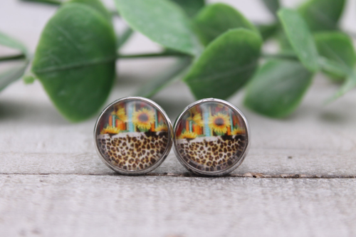 Sunflowers, Serape & Leopard Brushstrokes || Glass Stud Earrings || Hypoallergenic