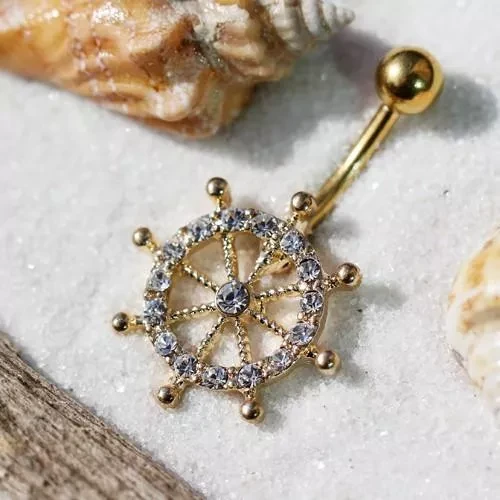 Gold Plated CZ Navel Ship Wheel Navel Ring