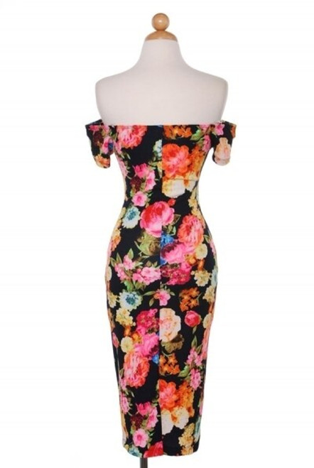 Off The Shoulder Floral Print Body-con Midi Dress Black