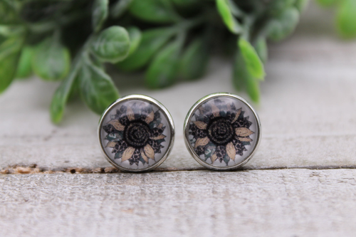 Leopard Sunflower || 12mm Glass Stud Earrings