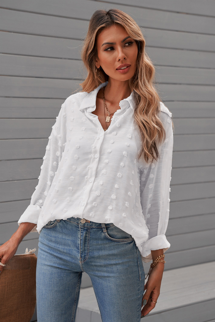 Chiffon Keyhole Fuzzy Polka Dot Shirt