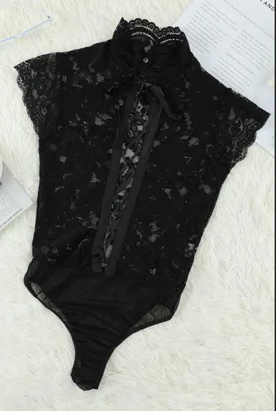 Black Lace Versatile Laceup Bodysuit