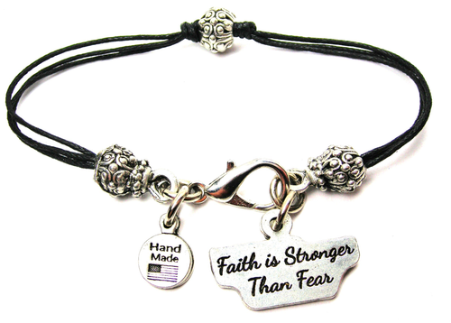 Faith Is Stronger Than Fear Pewter Beaded Black Cord Bracelet