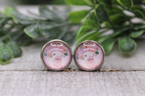 Floral Crown Pig || 12mm Stud Earrings