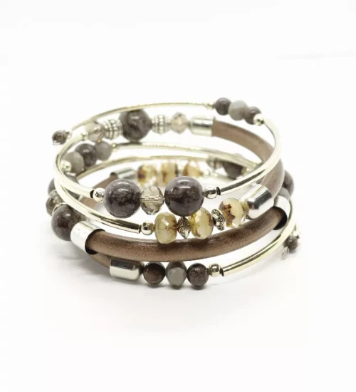 Wrap Bracelets-Monica in Taupe Leather & Brown
