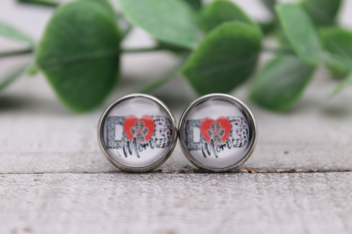 Dog Mom Paw Print & Red Heart || Glass Stud Earrings || Hypoallergenic