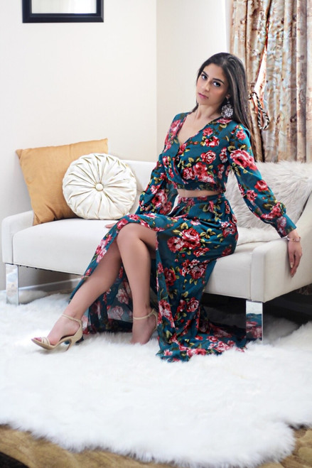 Two Piece Green Floral Maxi Set with a Side Slit