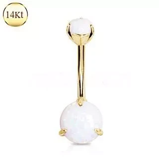 14Kt. Yellow Gold Navel Ring with Prong Set White Synthetic Opal
