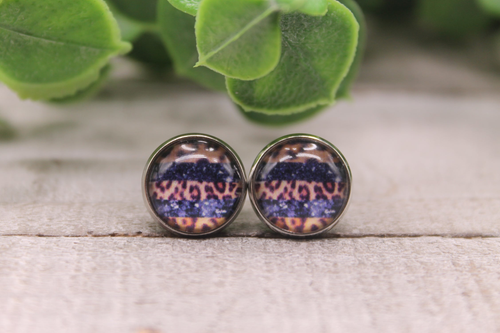 Leopard & Blue Glitter Stripes  Glass Stud Earrings