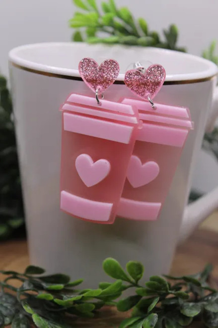 Pink Coffee Cups with Heart || Acrylic Dangle Earrings || Hypoallergenic