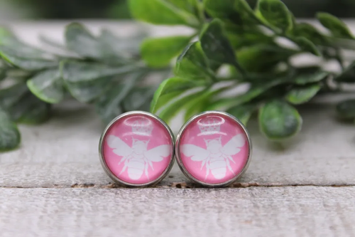 Queen Bee on Pink || Stud Earrings || Hypoallergenic
