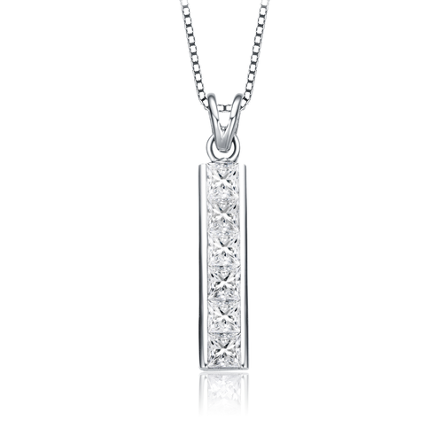Collette Z Sterling Silver with Rhodium Plated Clear Princess Cubic Zirconia Bar Pendant Necklace