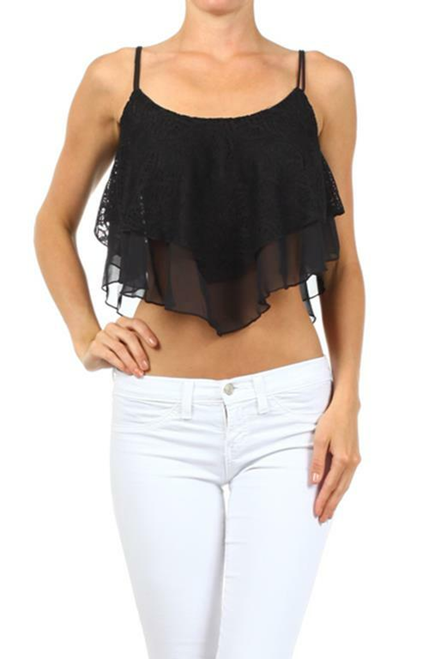Lace Double Spaghetti Strap Tier Tank Top Black