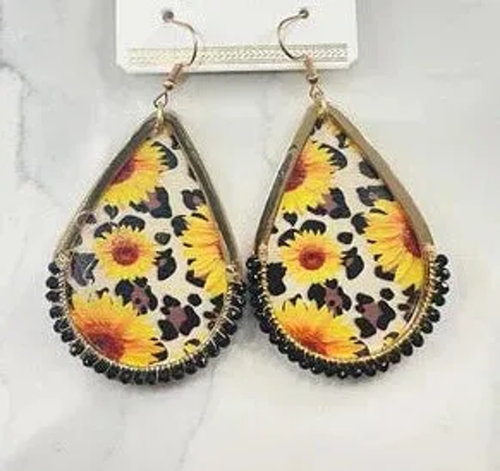 Sunflower Leopard Teardrop Dangle Earrings