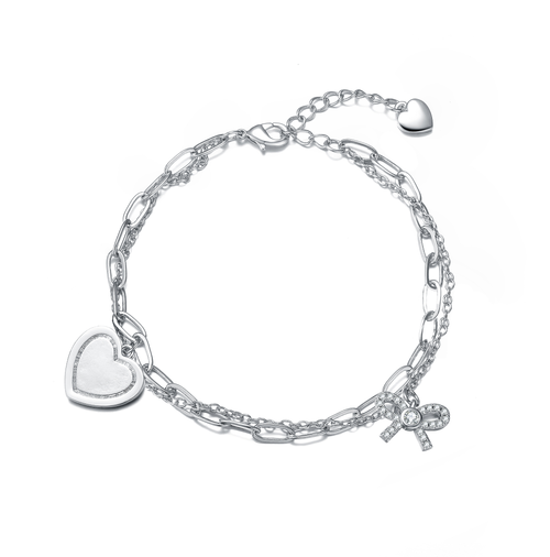 Collette ZSterling Silver with Rhodium Plated Heart Paper Clip Chains Bracelet